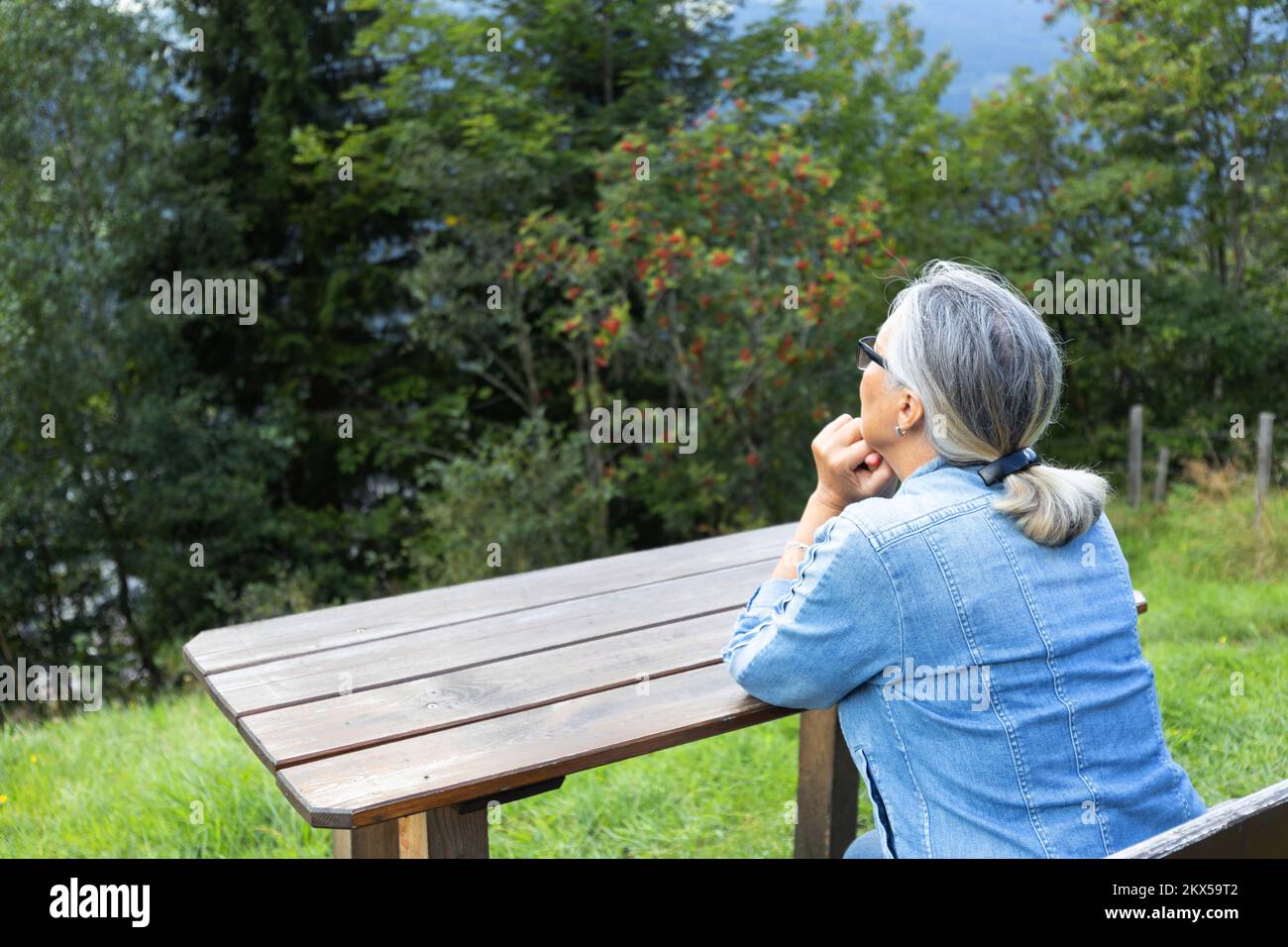 Una donna dai capelli grigi siede ad un tavolo di legno nella campagna ai margini di una foresta. Foto Stock