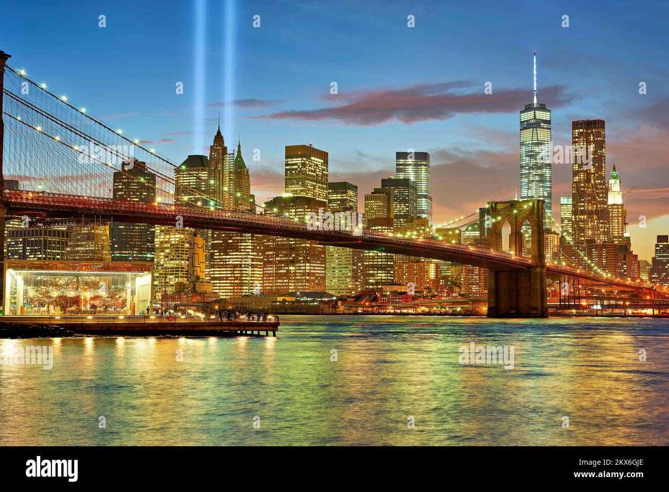 New York. Manhattan. Stati Uniti. Il Tribute in Light è un'installazione d'arte creata in ricordo degli attacchi del settembre 11 Foto Stock