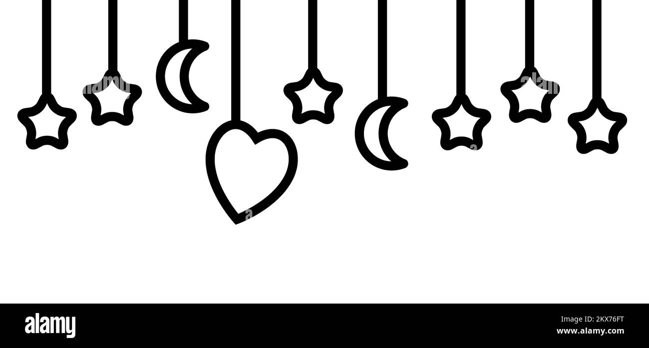 Cartoon culla-giocattolo o culla giocattoli bambini, appendendo culla giocattolo linea icona o simbolo. Giocattolo sospeso per dormire e dormire sogni. Con la luna, amore Foto Stock
