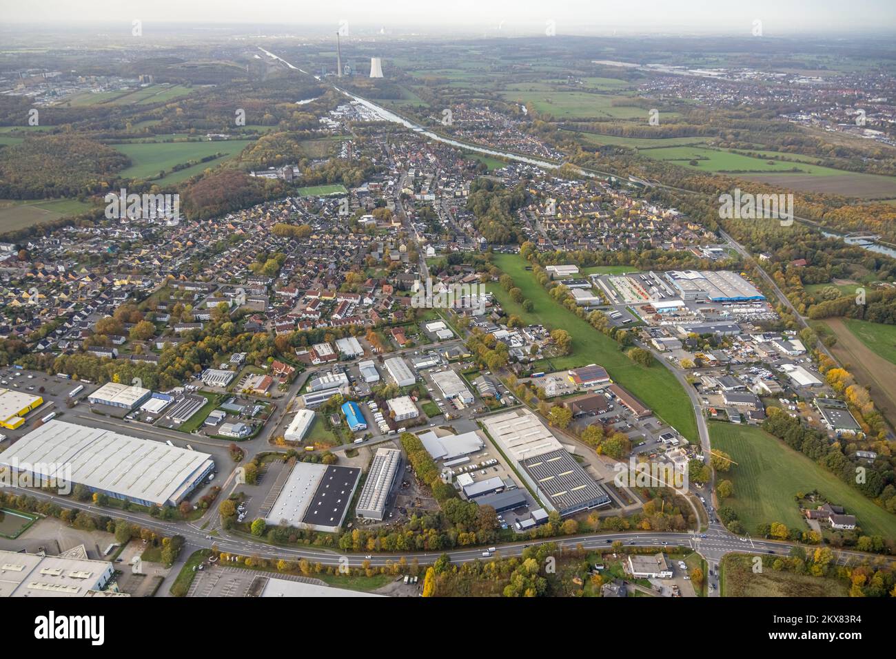 Veduta aerea, vista villaggio Rünthe, Bergkamen, Ruhr, Renania settentrionale-Vestfalia, Germania, DE, Europa, fotografia aerea, Panoramica, Vista dall'alto, BI Foto Stock