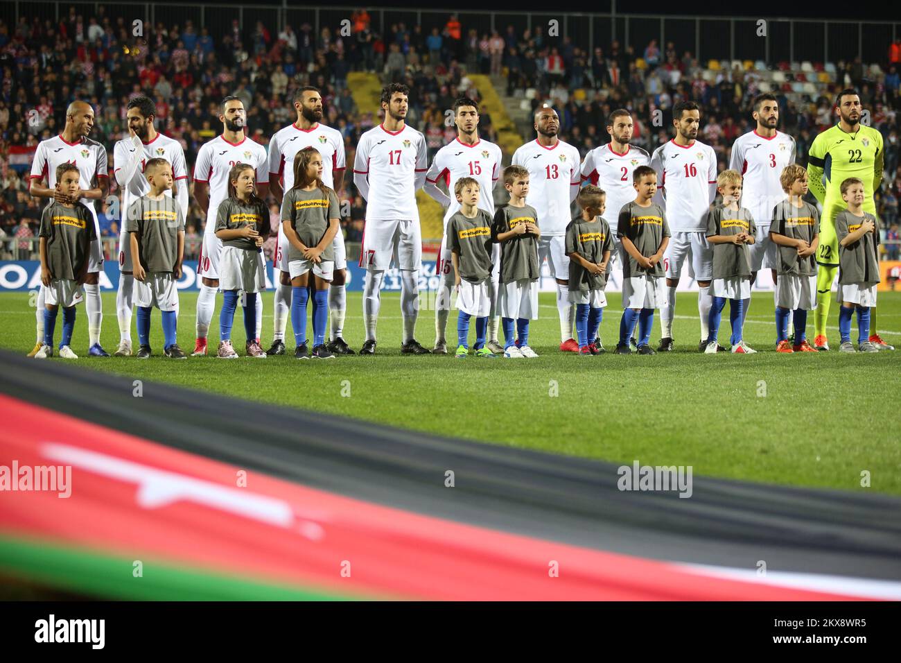 (181015) -- Rijeka, 15 ottobre 2018 -- incontro amichevole tra Croazia e Giordania allo stadio HNK rijeka di Fiume, Croazia, 15 ottobre 2018. (L-R) Yaseen Bakheet, Musa al-Taamari, Oudi Khader al Qara, Yazan Alarab, Bara Marie, Obeida al Samrieh, Khalil Bani Attiah, Feras Shilbaya, Mahmoud al Mardi, Tareq Khattab, Moataz Yaseen Foto: Nel Pavletic/PIXSELL Foto Stock