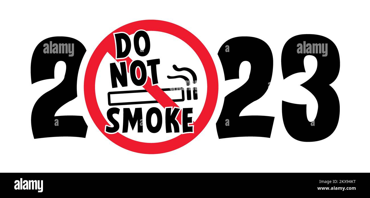Vi auguriamo un felice anno nuovo 2023 e Stop o vietato fumare. No, non fumare pittogramma o icona. Nessun segno di fumo di sigaretta, tabacco o sigarette Foto Stock