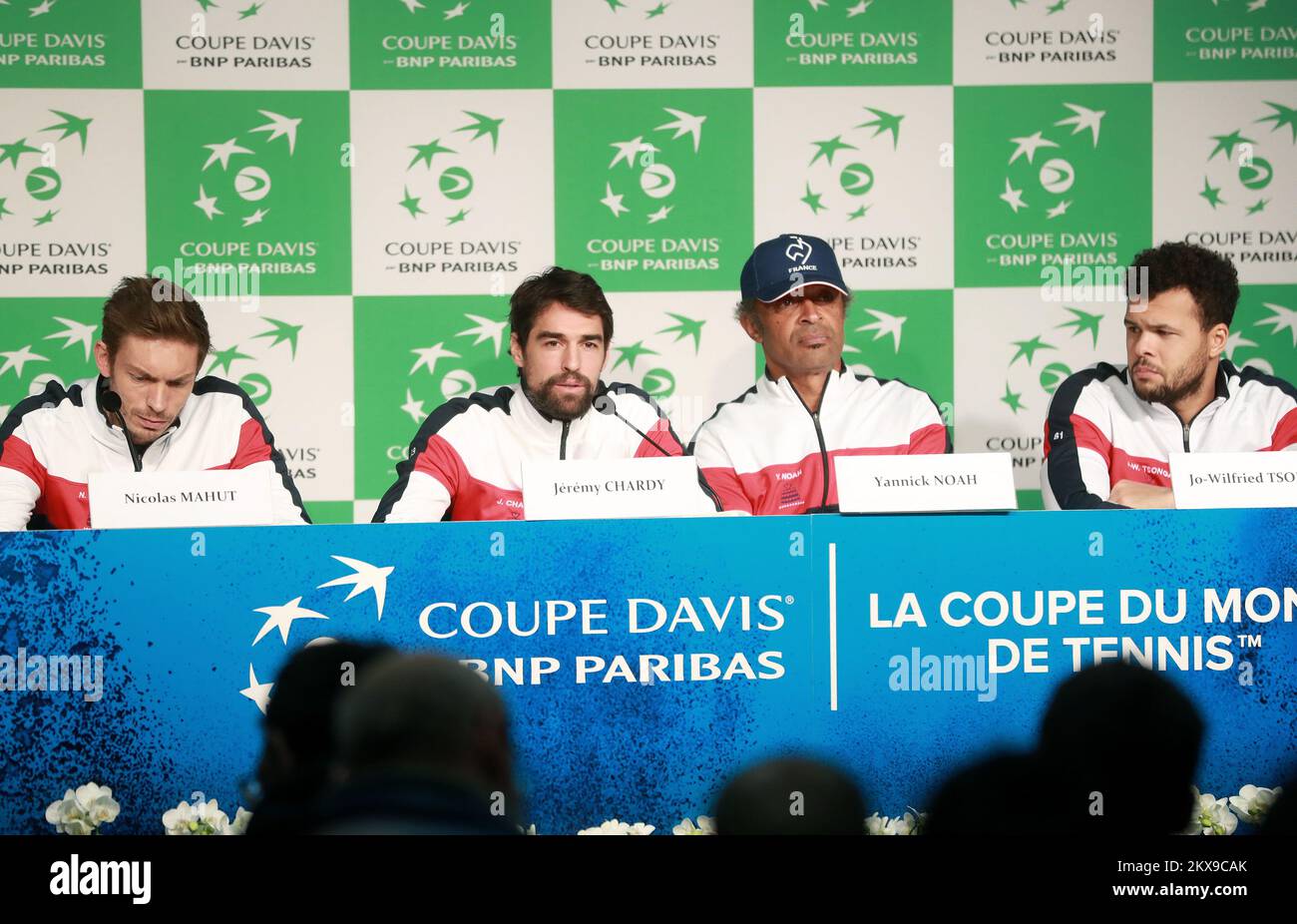 22.11.2018.,Stadio Pierre-Mauroy, Francia, Lille - Davis Cup.France conferenza stampa. Nicolas Mahut; Jeremy Chardy; Yannick Noah; Jo-Wilfried Tonga Photo: Sanjin Strukic/PIXSELL Foto Stock