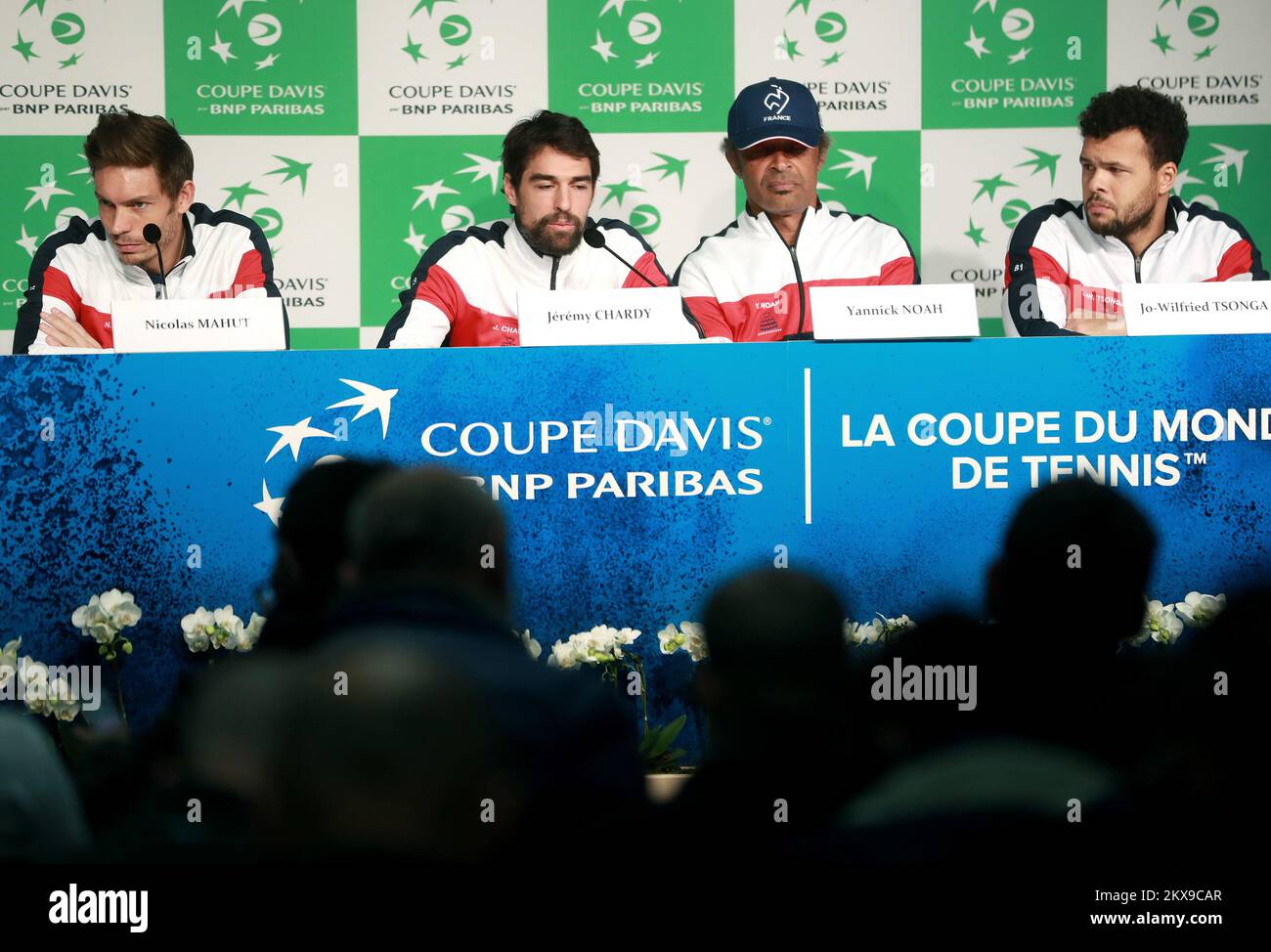 22.11.2018.,Stadio Pierre-Mauroy, Francia, Lille - Davis Cup.France conferenza stampa. Nicolas Mahut; Jeremy Chardy; Yannick Noah; Jo-Wilfried Tonga. Foto: Sanjin Strukic/PIXSELL Foto Stock