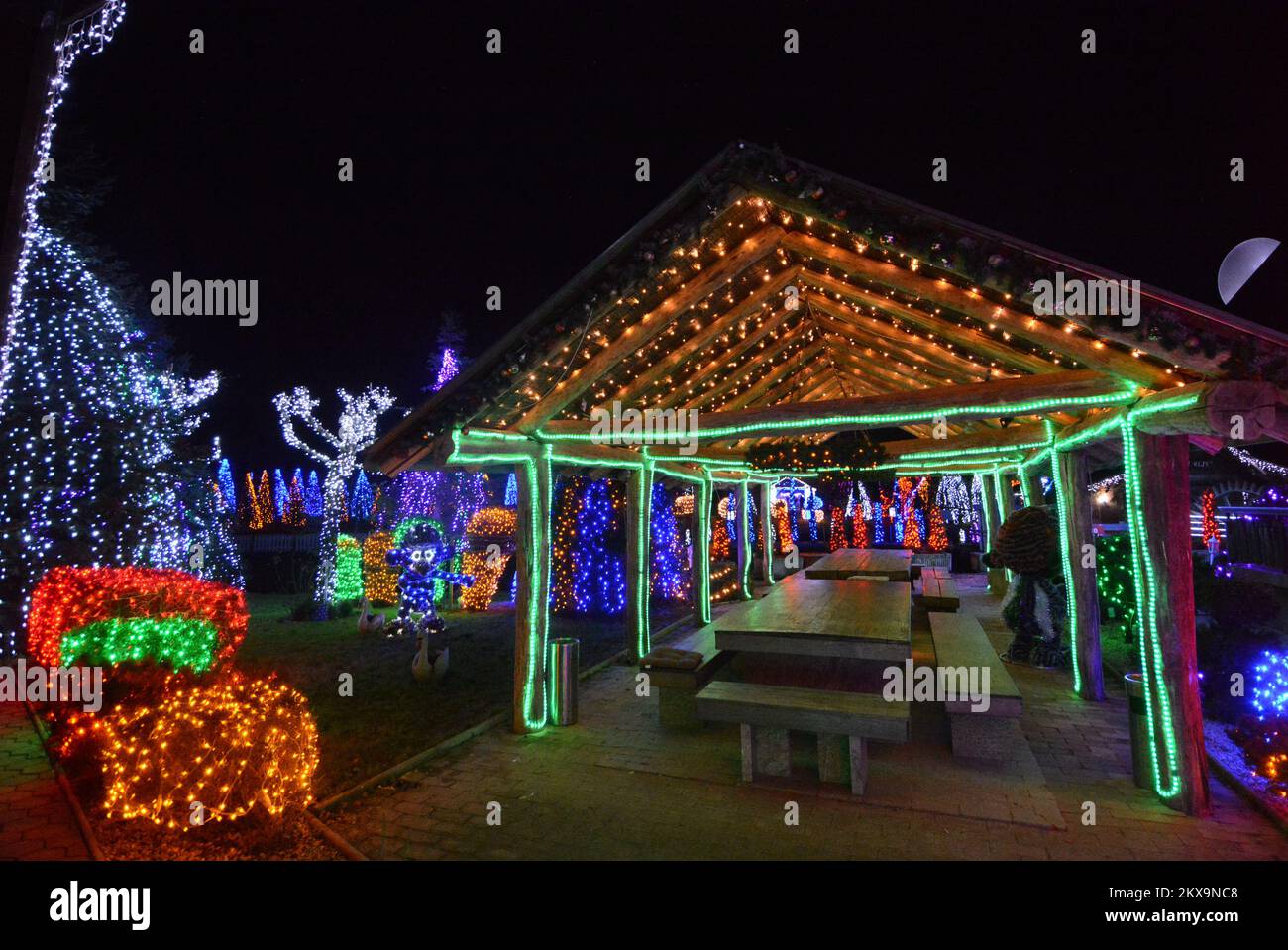 6.12.2018., Grabovnica - i più grandi presepi di natale in Croazia si trovano a Grabovnica, presso la tenuta di famiglia Salaj, a soli 60km km a est da Zagabria. Quindici anni fa la famiglia Salaj ha iniziato a decorare la propria tenuta di 60 000 m2 con luci Christamas. Il primo anno hanno messo 70 mila luci. Con ogni anno il numero di luci di decorazione è cresciuto più grande, e quest'anno ci sono 4 milioni di luci di natale. I lavori di decorazione iniziano tre mesi prima del giorno di apertura e circa 6 persone lavorano nella tenuta di Salaj per rendere viva la magia. Foto: Damir Spehar/PIXSELL Foto Stock