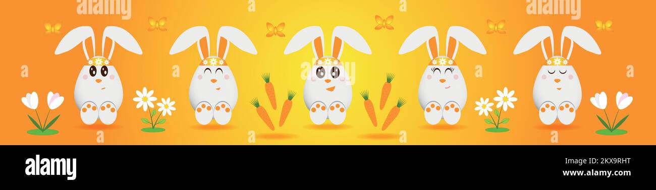 Una collezione di conigli a forma di uovo con emozioni diverse, su fondo giallo-arancio con farfalle, fiori e carote. Pasqua con Illustrazione Vettoriale
