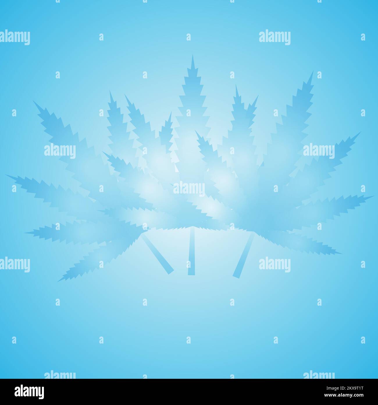 Sfondo vettoriale con foglie di cannabis, nei colori medici bianco-blu. Stile minimalista. Illustrazione Vettoriale