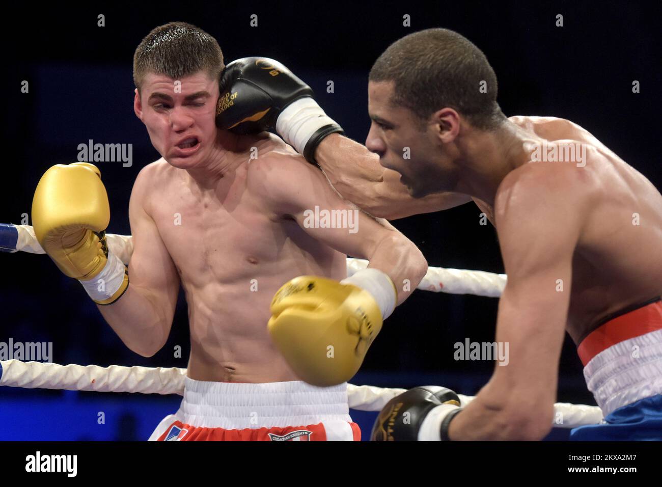 02.03.2018., Croazia, Zadar - World boxing League, gruppo B C1, categoria 64 kg, Petar Cetinic (Cavalieri croati) - Hassan Amzile (Francia combattenti Rooster). Foto: Dino Stanin/PIXSELL Foto Stock