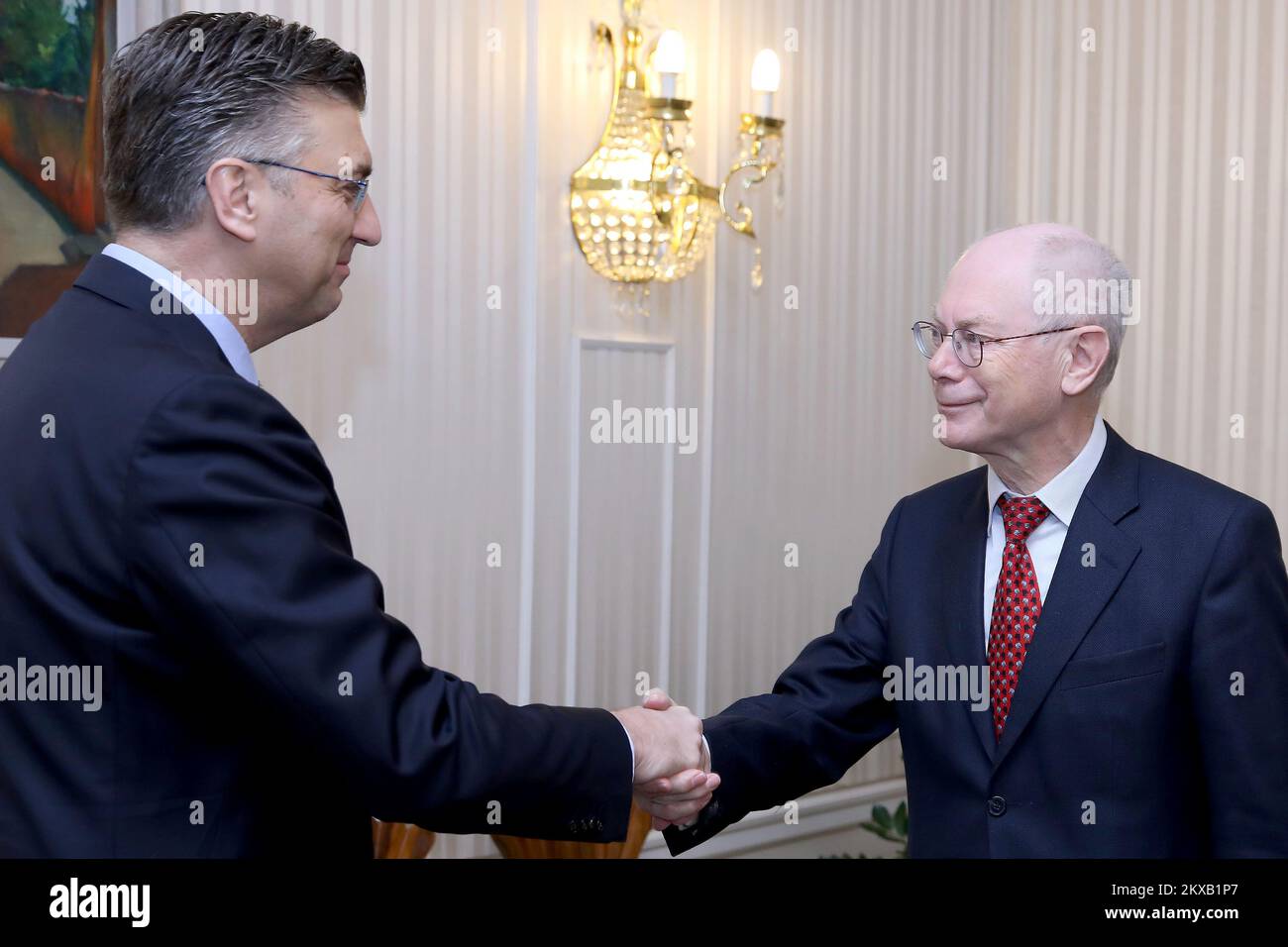 15.03.2019., Zagabria, Croazia - il primo ministro Andrej Plenkovic ha ricevuto Herman Van Rompuy, il presidente del Centro per la politica europea e l'ex presidente del Consiglio europeo. Foto: Patrik Macek/PIXSELL Foto Stock