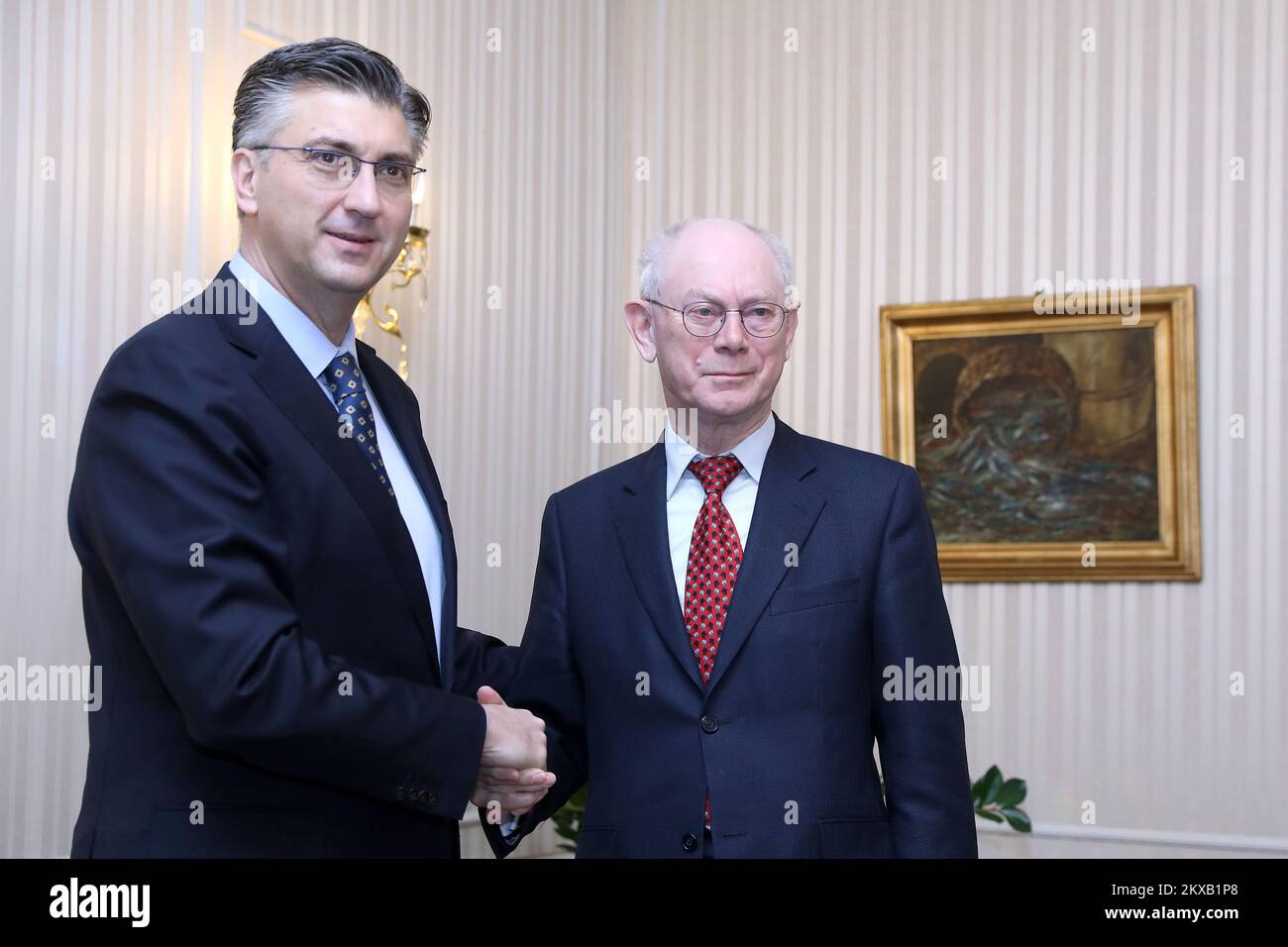 15.03.2019., Zagabria, Croazia - il primo ministro Andrej Plenkovic ha ricevuto Herman Van Rompuy, il presidente del Centro per la politica europea e l'ex presidente del Consiglio europeo. Foto: Patrik Macek/PIXSELL Foto Stock