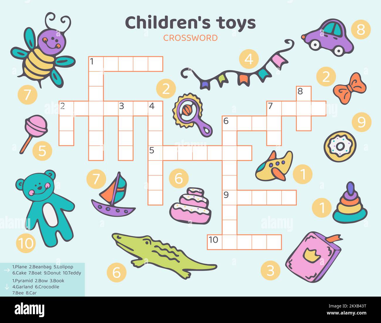 Inglese Crossword per bambini con giocattoli per bambini. Illustrazione Vettoriale