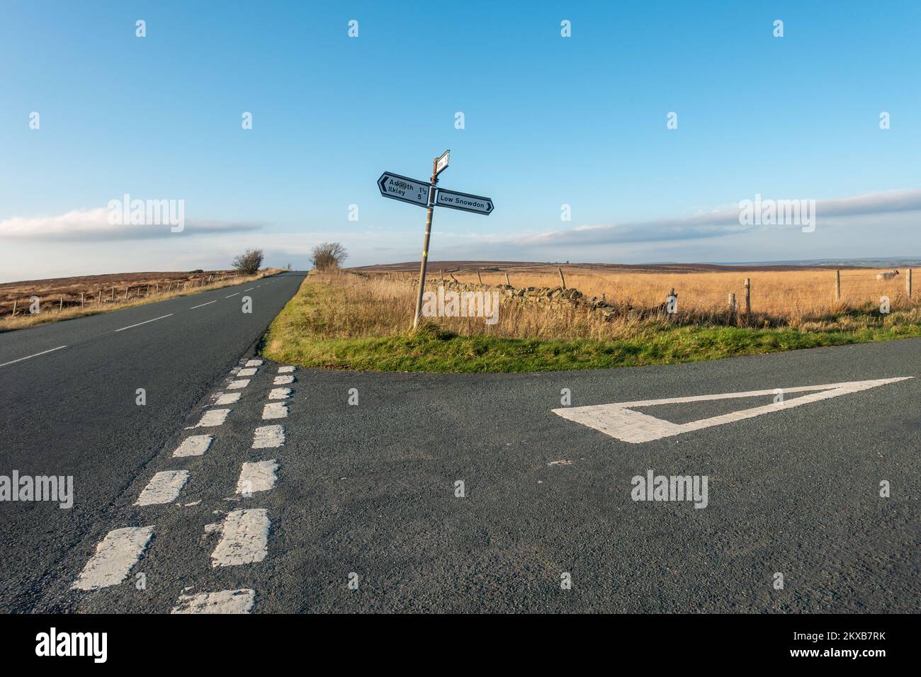 Indicazioni Ilkley, Askwith, Otley e Low Snowdon da Askwith Moor Road, West Yorkshire, Inghilterra, Regno Unito Foto Stock