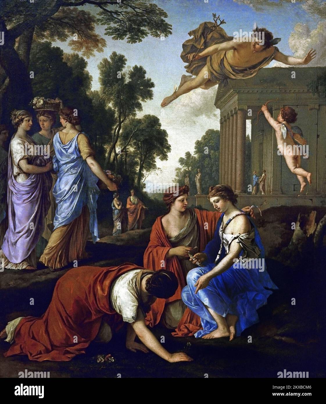 Mercury and Hersé, Laurent de la Hyre, (1606-56), Francia, Francia, Francia, ( Mercury, Il messaggero degli dei, vede la bella Erse e si innamora di lei. Anche se l’artista ha creato una rappresentazione pacifica di questo episodio dalle Metamorfosi di Ovidio, questa storia d’amore prende in seguito una tragica svolta: Consumata di gelosia, Aglauros cerca di impedire a Mercurio di entrare nella camera della sorella; il dio trasforma poi Aglauros in pietra scura. Foto Stock