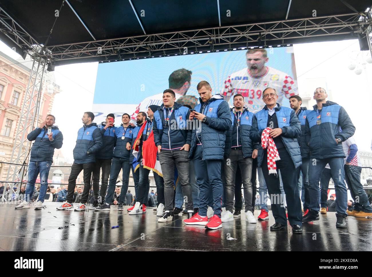 27.01.2020., Zagabria, Croazia - Benvenuto per la squadra croata di pallamano che ha vinto una medaglia d'argento ai Campionati europei, in Piazza Ban Josip Jelacic, a Zagabria, il 27 gennaio 2020. Foto: Dalibor Urukalovic/PIXSELL Foto Stock