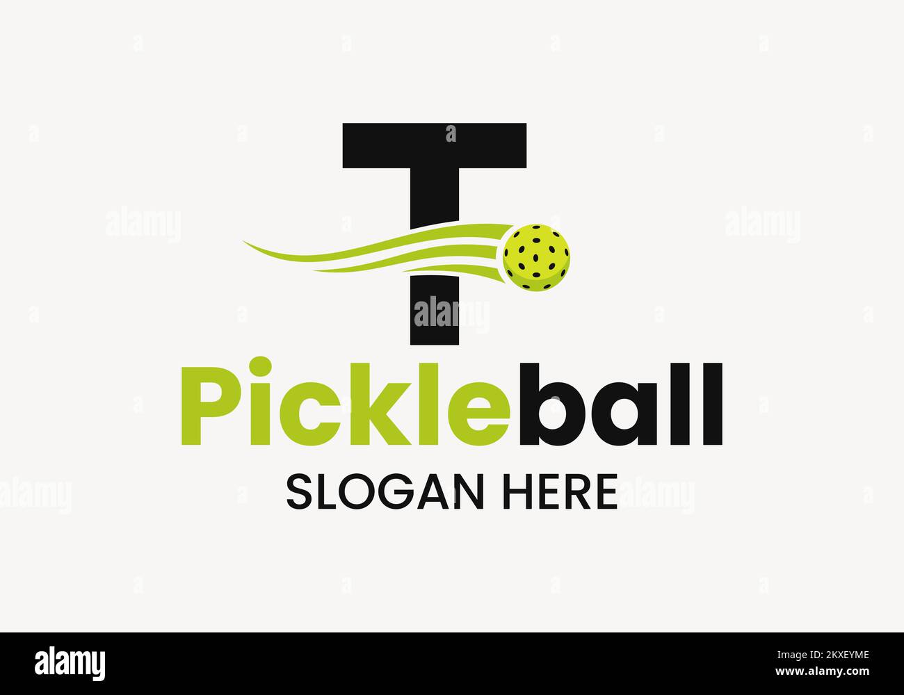 Lettera T Pickleball Logo Concept con simbolo Pickleball in movimento. Modello vettoriale logotipo Pickle Ball Illustrazione Vettoriale