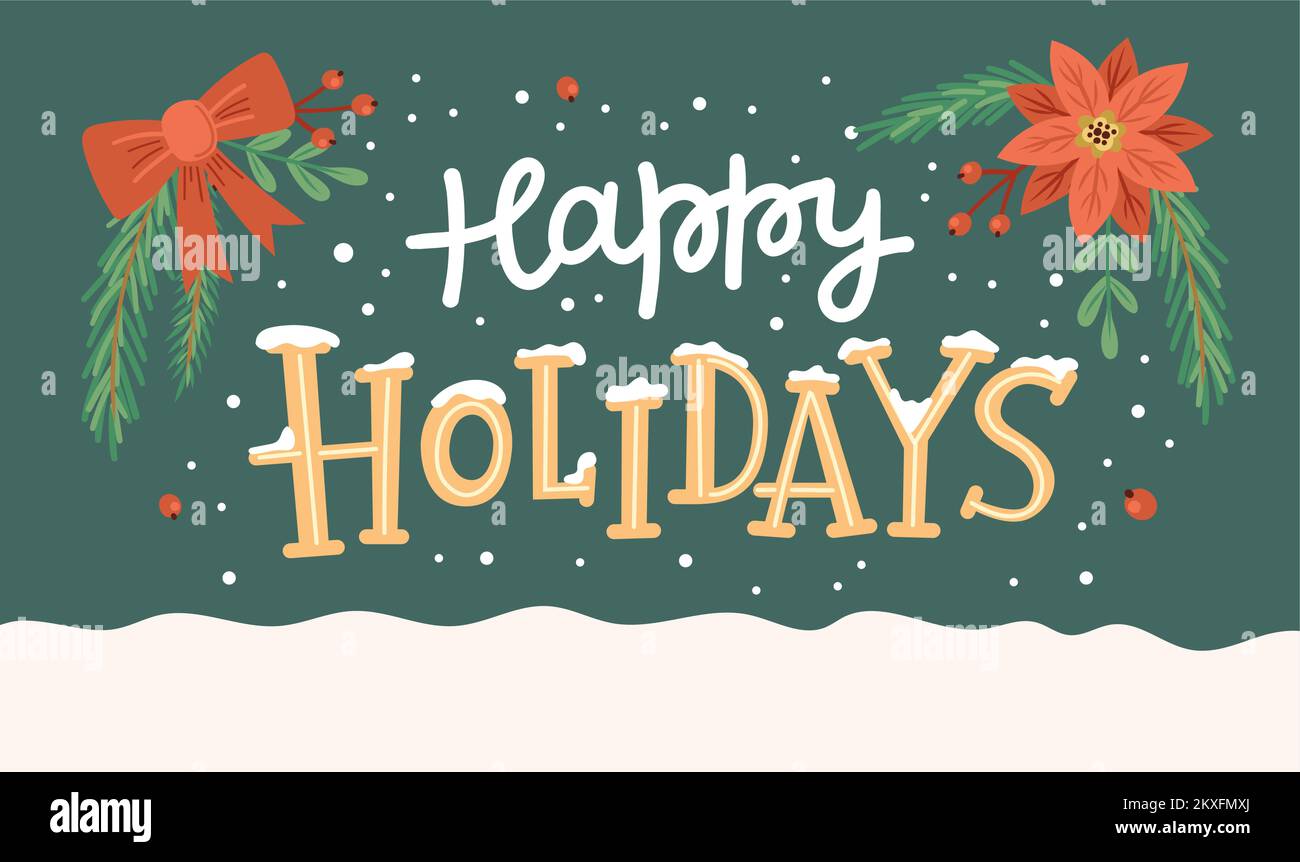 Buone feste, biglietto di auguri con rami carini e lettere disegnate a mano. Illustrazione vettoriale in stile cartoon piatto Illustrazione Vettoriale