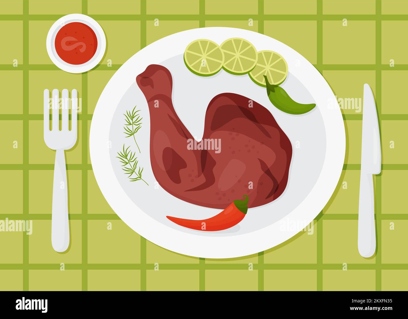 Cibo messicano Achiote Chicken alla griglia. Coscia di pollo marinata in stile yucatan con achiote su piatto con peperoncino e lime. Vista dall'alto. Vettore i Illustrazione Vettoriale Cibo messicano Achiote Chicken alla griglia. Coscia di pollo marinata in stile yucatan con achiote su piatto con peperoncino e lime. Vista dall'alto. Vettore i Illustrazione Vettoriale