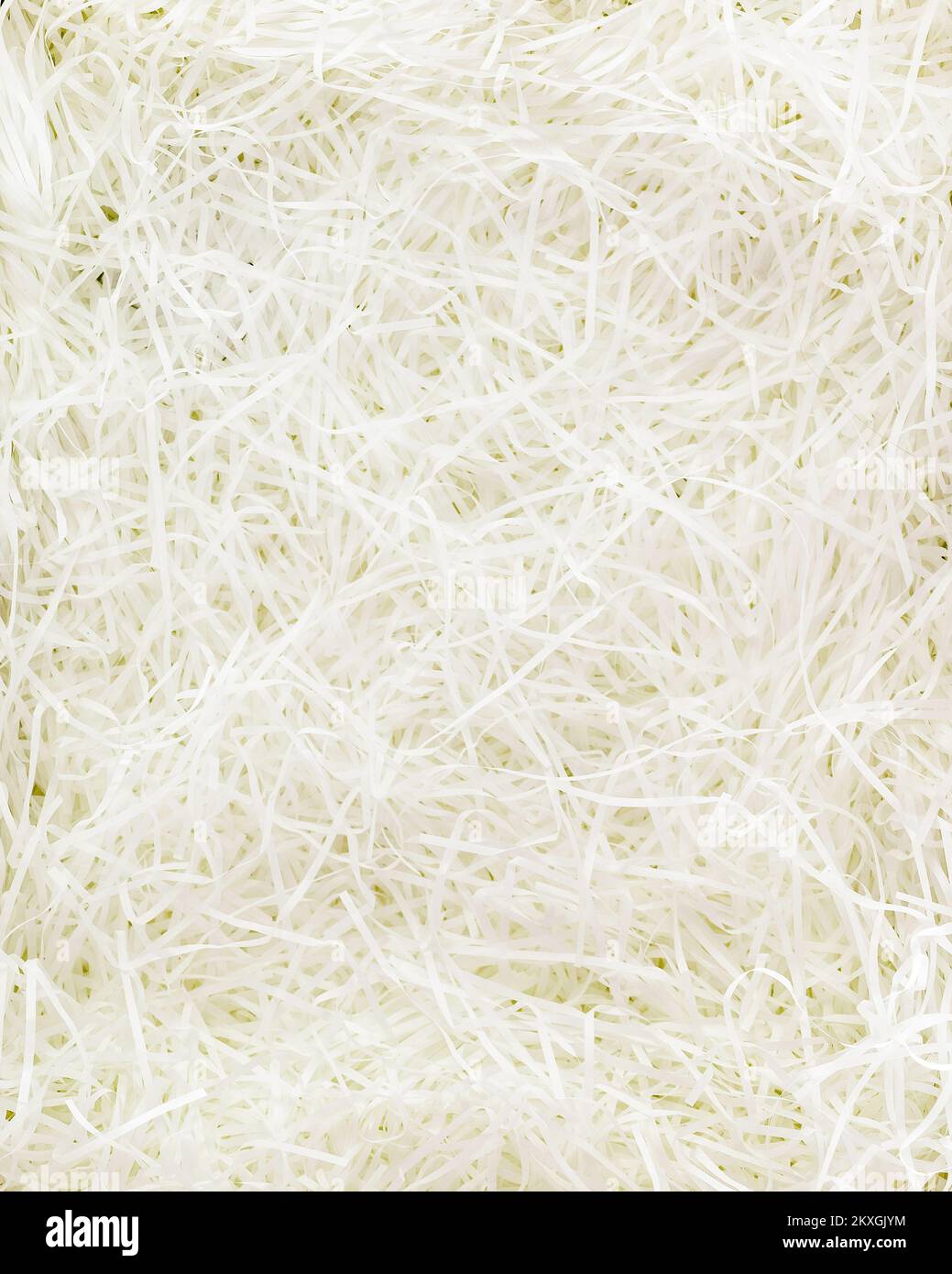 Consistenza del riempitivo di carta bianca. Materiale di imballaggio della carta triturato. Carta da imballaggio grattugiata per spaghetti bianchi utilizzata per proteggere gli oggetti fragili durante il trasporto Foto Stock