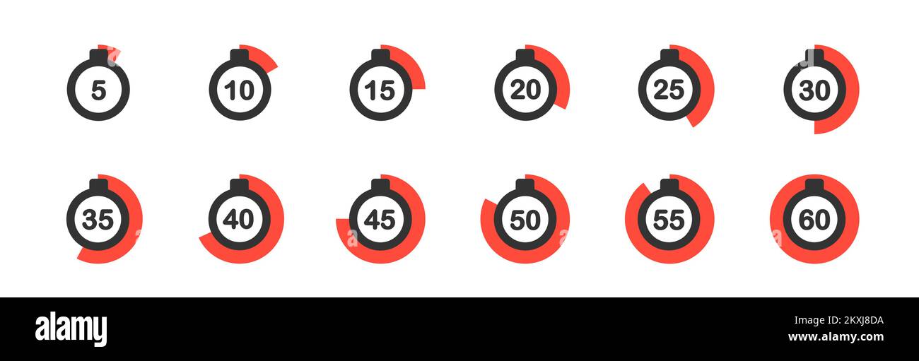 Una serie di timer. Icone vettoriali semplici. Orologio, cronometro. Illustrazione Vettoriale