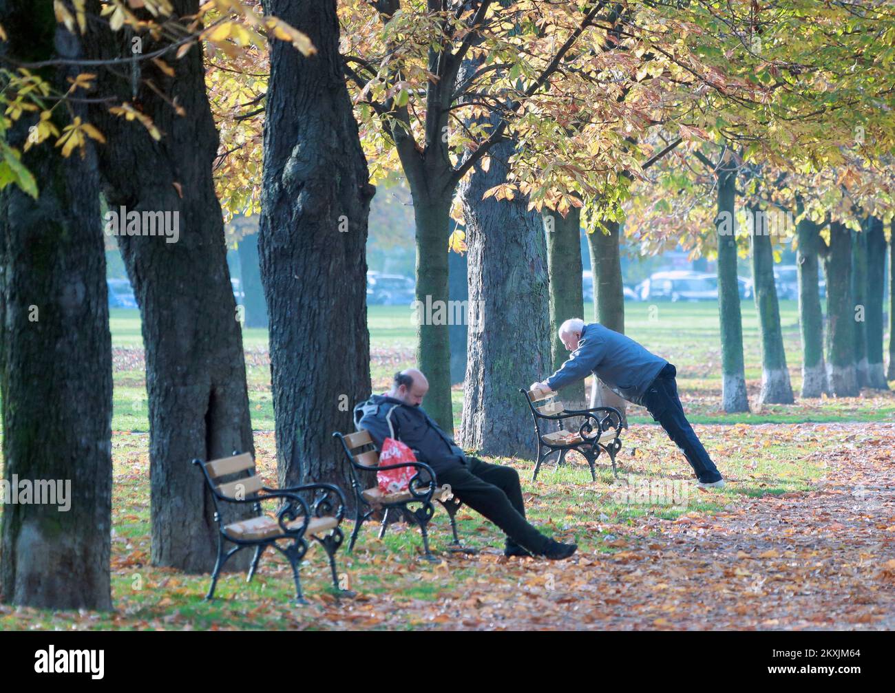 Mentre alcuni hanno usato la mattina di sole tanto attesa per l'esercitazione, altri hanno spianato fuori su una panchina a piazza Franjo Tudjman a Zagabria, Croazia il 16 novembre 2020. Foto: Sanjin Strukic/PIXSELL Foto Stock