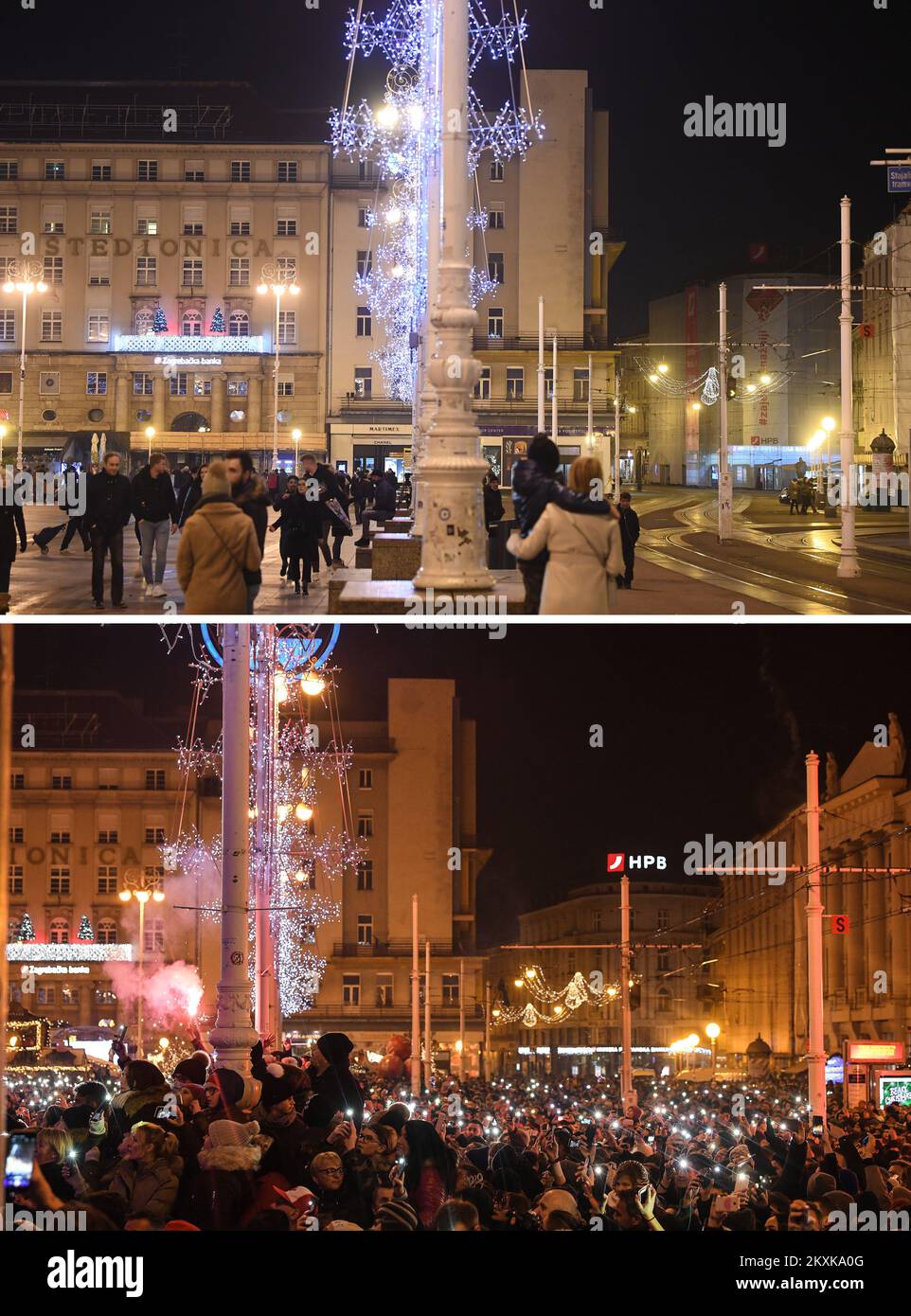 L'immagine combinata mostra una piazza Ban Jelacic durante una celebrazione di Capodanno a Zagabria, Croazia, il 31 dicembre 2019. E la piazza dopo la celebrazione è stata annullata a causa di preoccupazioni COVID-19 a Zagabria, Croazia, il 31,2020 dicembre. Foto: Marko Lukunic/PIXSELL e Sandra Simunovic/PIXSELL Foto Stock