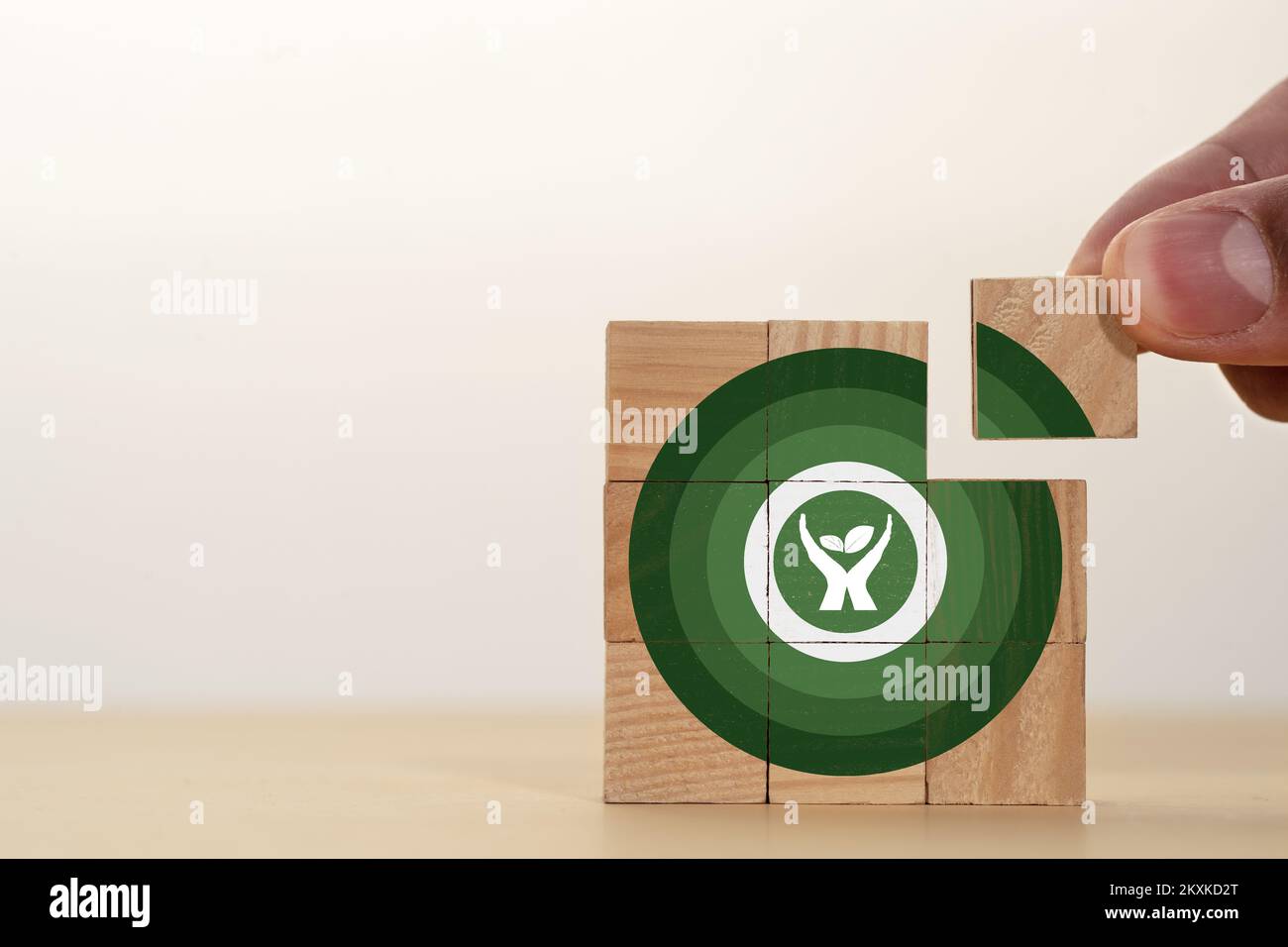 Blocchi di legno impilati e icona di protezione della natura come simbolo di protezione dell'ambiente. Foto Stock