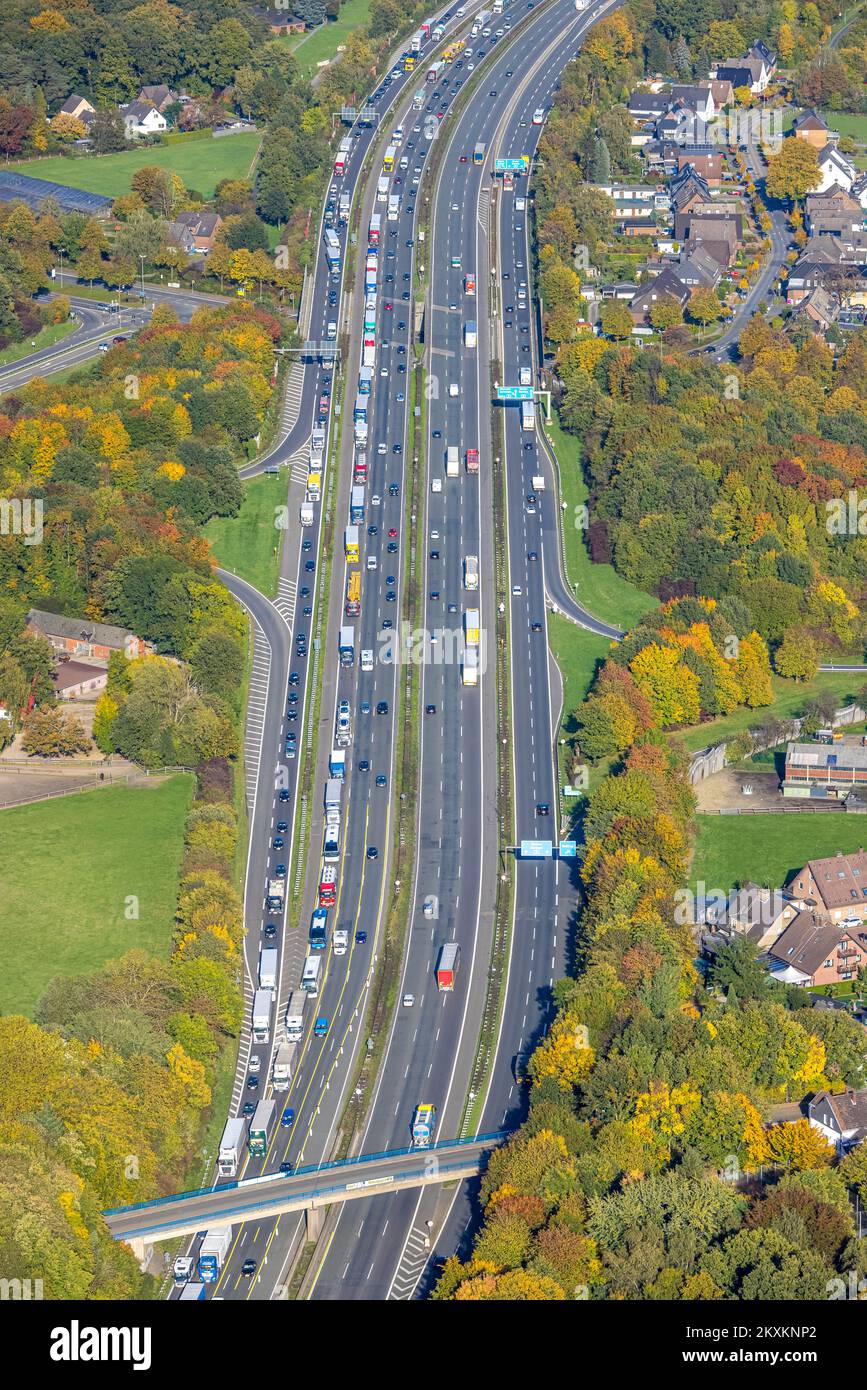 Vista aerea, traffico di camion ingorghi sulla superstrada A2 triangolo Bottrop, foresta della città, Bottrop, Ruhr zona, Nord Reno-Westfalia, Germania, autostrada, DE, Europa, Foto Stock