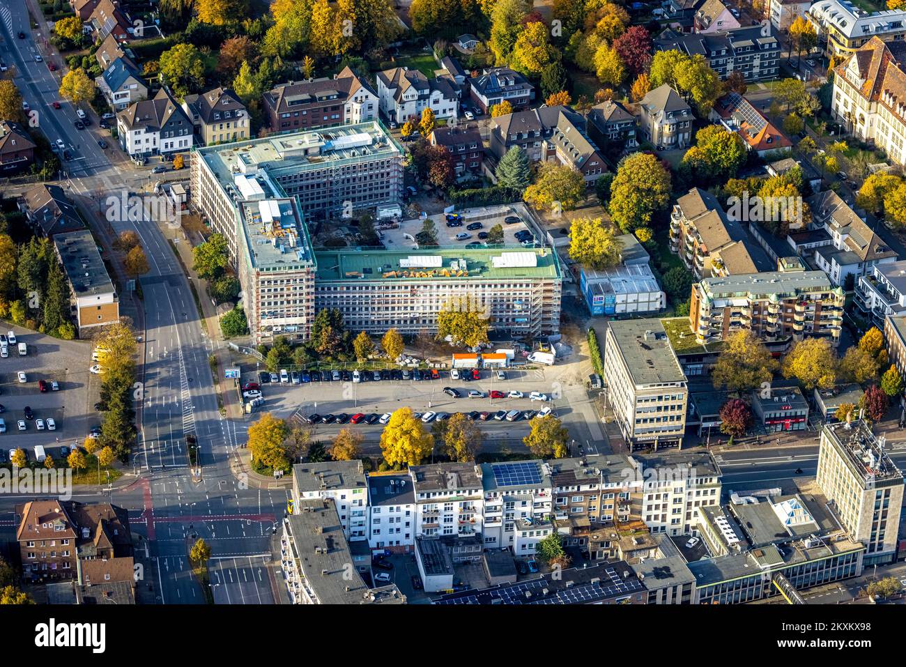 Vista aerea, nuovo quartiere di Bauknecht con cantiere presso l'edificio RAG di Hans-Böckler-Straße, Gleiwitzer Platz, Città Vecchia, Bottrop, Ruhr Area, Foto Stock