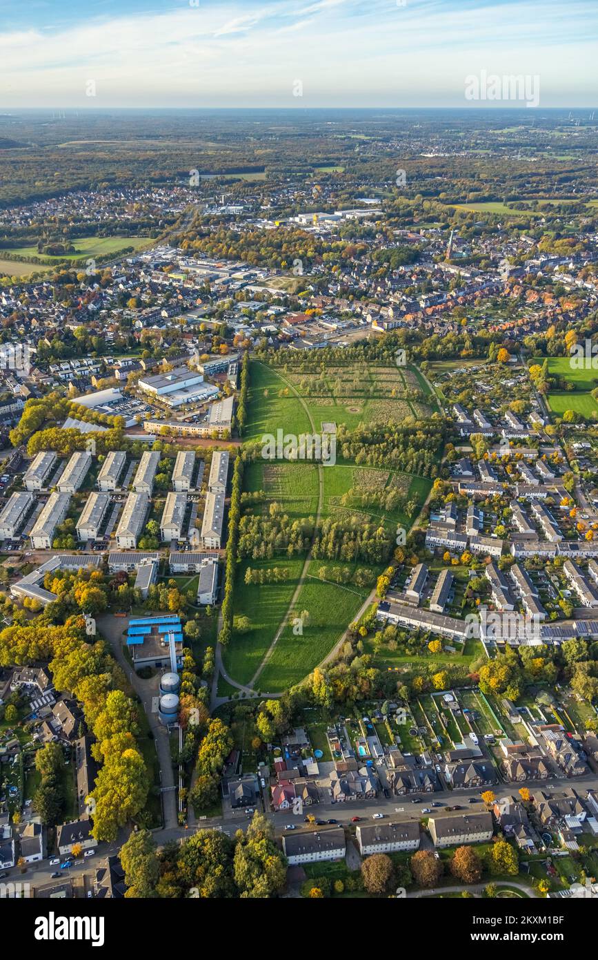 Veduta aerea, Prosper Park, case a schiera Heinrich-Gutermuth-Straße, Zum Prosperpark, Am Skip-Schacht, nord-est, Bottrop, Zona della Ruhr, Foto Stock
