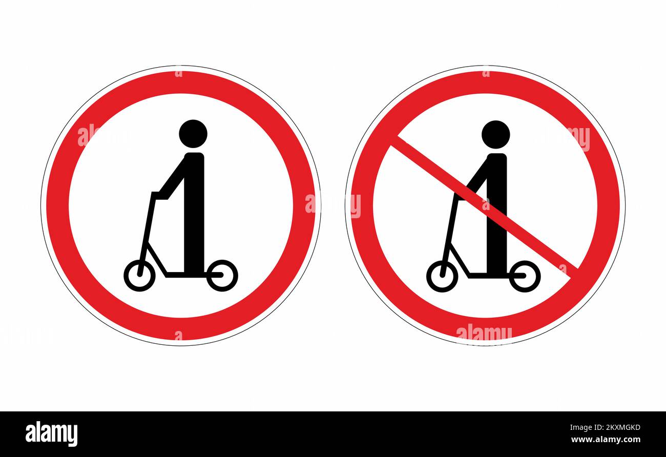 Indicazioni stradali e-scooter. Scooter elettrico e nessun segno scooter elettrico su sfondo bianco. Segno che indica il divieto o la regola. Templ. Round Illustrazione Vettoriale