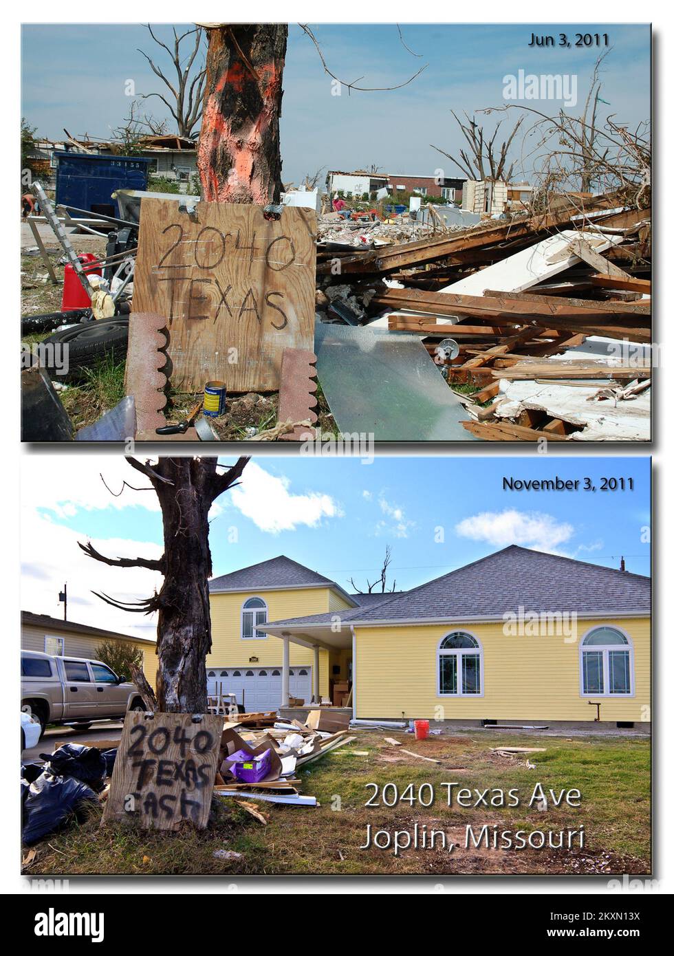 Prima e dopo: Case. Missouri gravi tempeste, tornado, e alluvioni. Fotografie relative a disastri e programmi, attività e funzionari di gestione delle emergenze Foto Stock