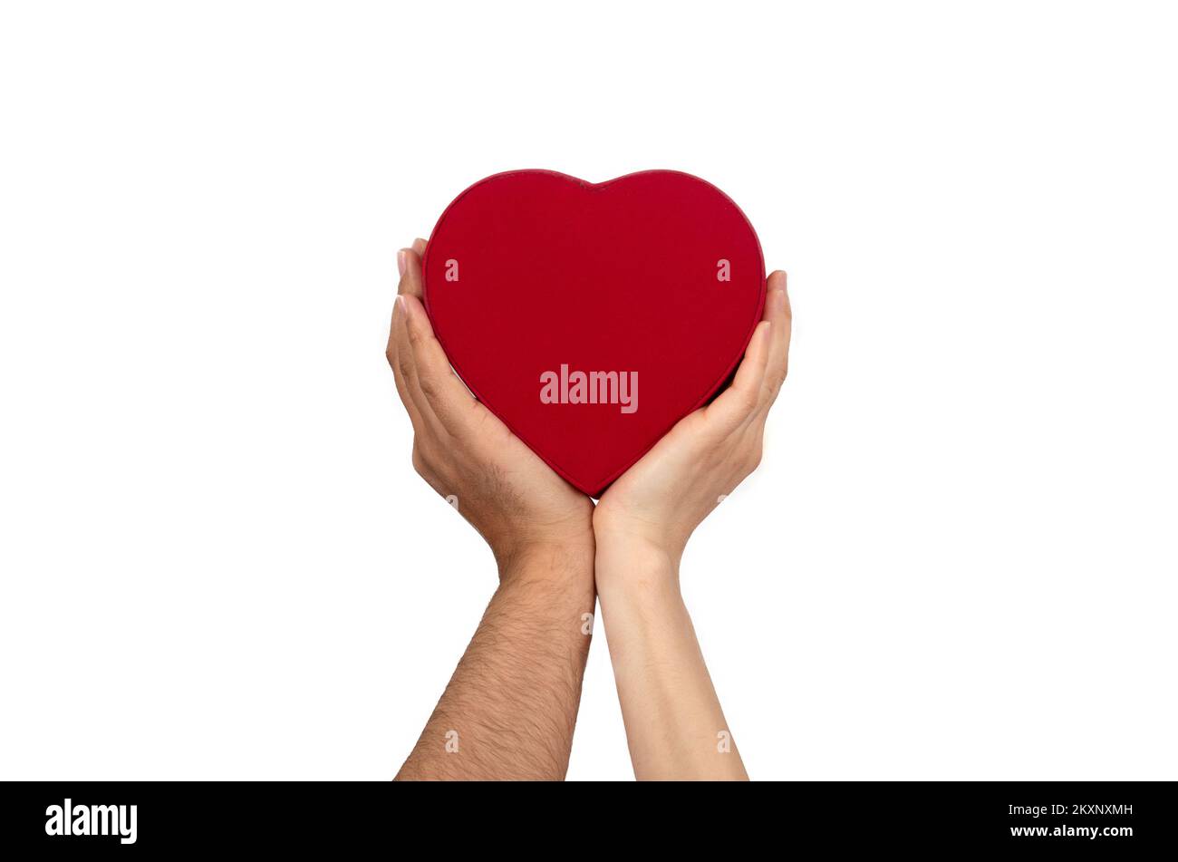 Mani maschili e femminili che tengono la scatola a forma di cuore come simbolo di Unione o di assicurazione familiare. Concetto di salute del cuore o controllo. Foto Stock