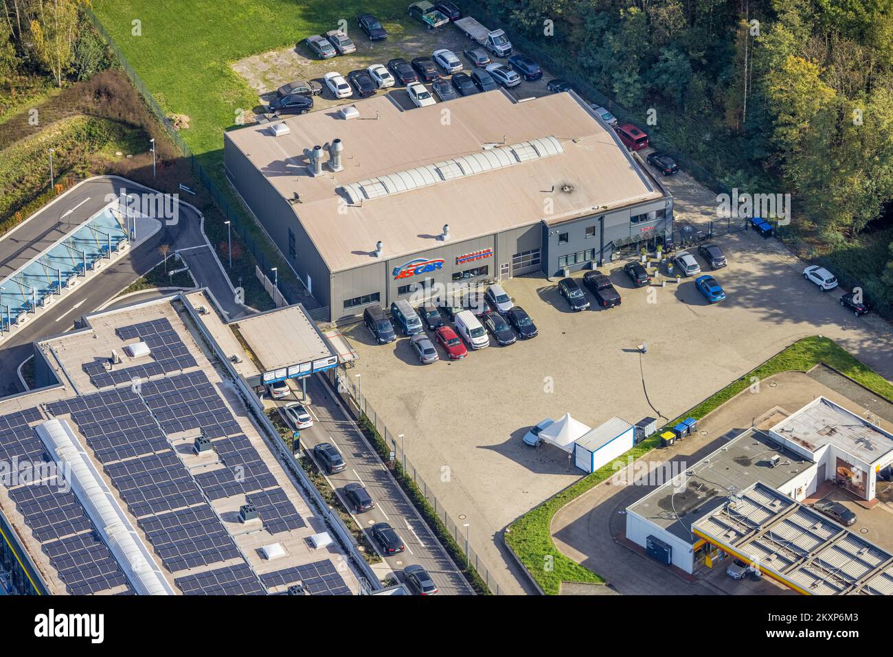 Veduta aerea, carrozzeria e verniciatura Ascar, Friedrich-Ebert-Strasse, zona industriale di Bärenstrasse, Overbruch, Duisburg, Regione della Ruhr, Nord Reno-Wes Foto Stock
