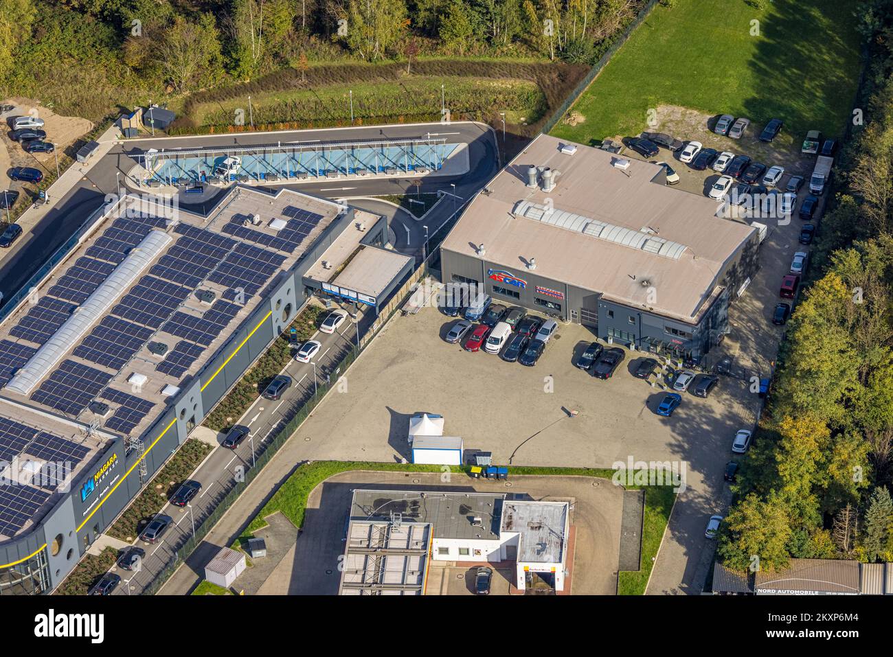Veduta aerea, carrozzeria e verniciatura Ascar, Friedrich-Ebert-Straße, zona industriale di Bärenstraße, Overbruch, Duisburg, Zona della Ruhr, Renania settentrionale-Vestfa Foto Stock