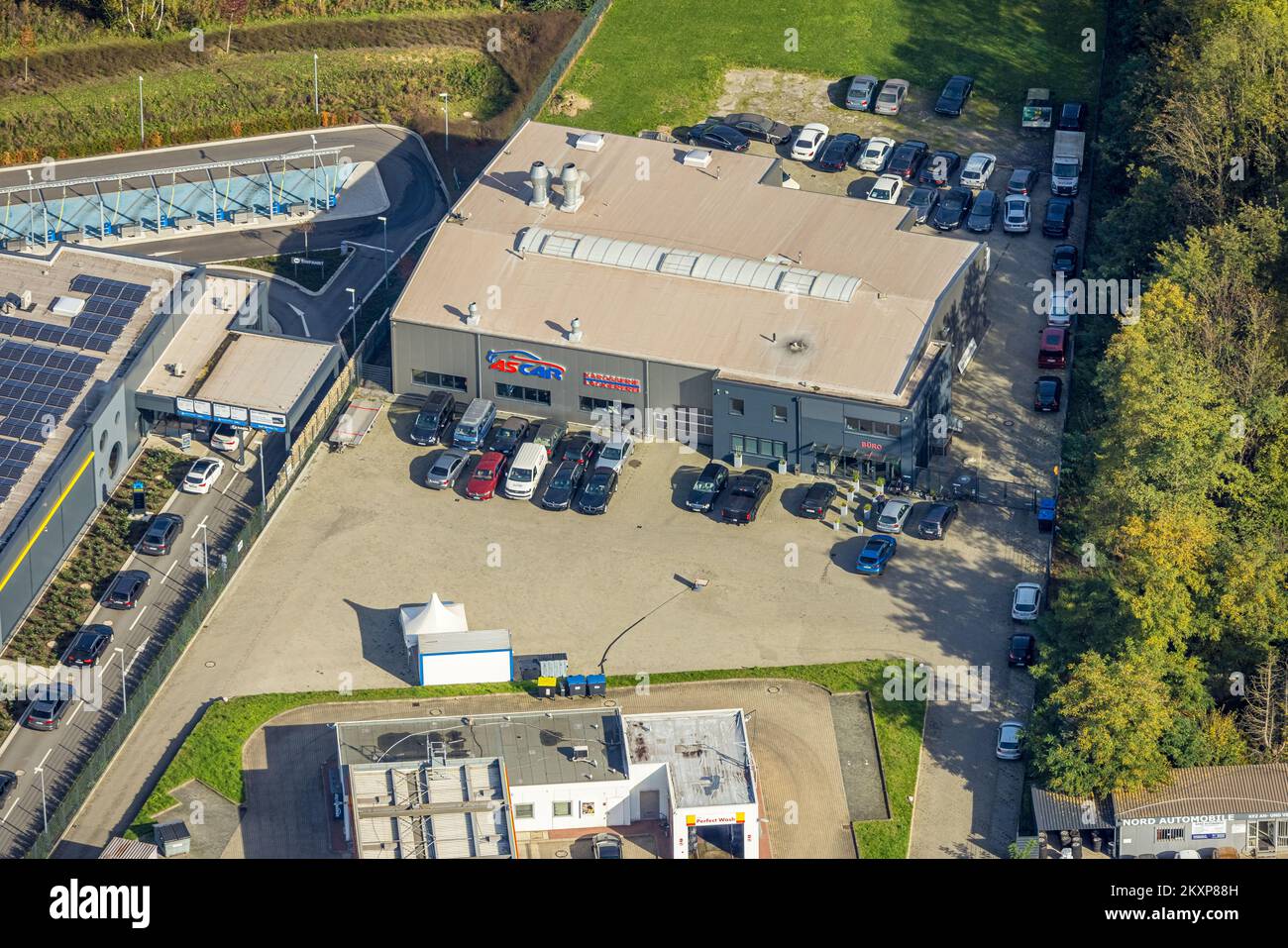 Veduta aerea, carrozzeria e verniciatura Ascar, Friedrich-Ebert-Straße, zona industriale di Bärenstraße, Overbruch, Duisburg, Zona della Ruhr, Renania settentrionale-Vestfa Foto Stock