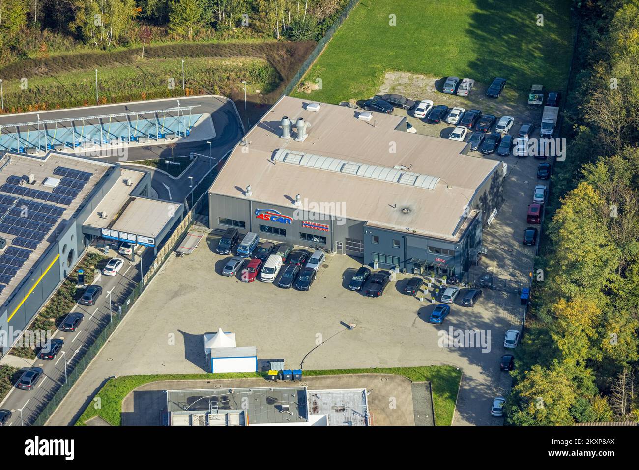 Veduta aerea, carrozzeria e verniciatura Ascar, Friedrich-Ebert-Straße, zona industriale di Bärenstraße, Overbruch, Duisburg, Zona della Ruhr, Renania settentrionale-Vestfa Foto Stock