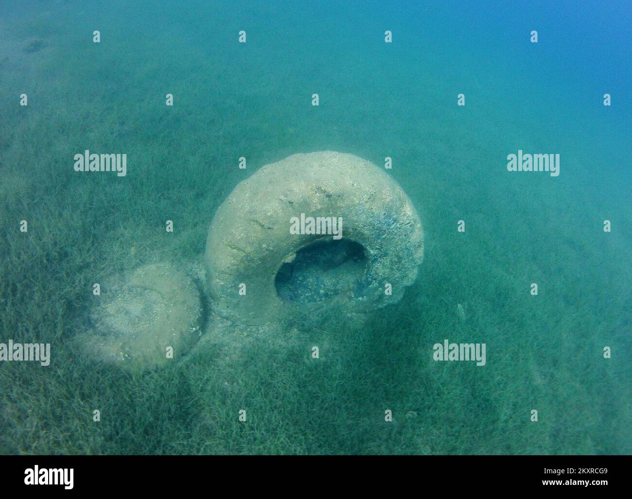 Pneumatici per auto sono stati visti in fondo al mare Adriatico vicino all'isola di Pag, Croazia il 19 agosto 2021. Alcuni attivisti ambientalisti affermano che il Mare Adriatico è uno dei mari più minacciati al mondo in termini di grandi quantità di rifiuti. E' più facile per le persone senza scrupoli smaltire grandi rifiuti in mare che nelle discariche previste a tal fine, per cui i pneumatici delle automobili finiscono in fondo al mare invece che nei rifiuti. Foto: Marko Lukunic/PIXSELL Foto Stock