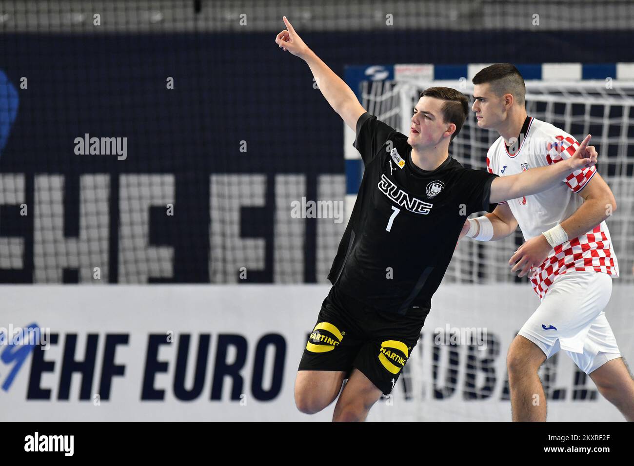 David Spath of Germany durante il match finale maschile di Euro 2021 EHF 19 tra Croazia e Germania al City Sports Hall Varazdin a Varazdin, Croazia il 22 agosto 2021. Foto: Vjeran Zganec Rogulja/PIXSELL Foto Stock