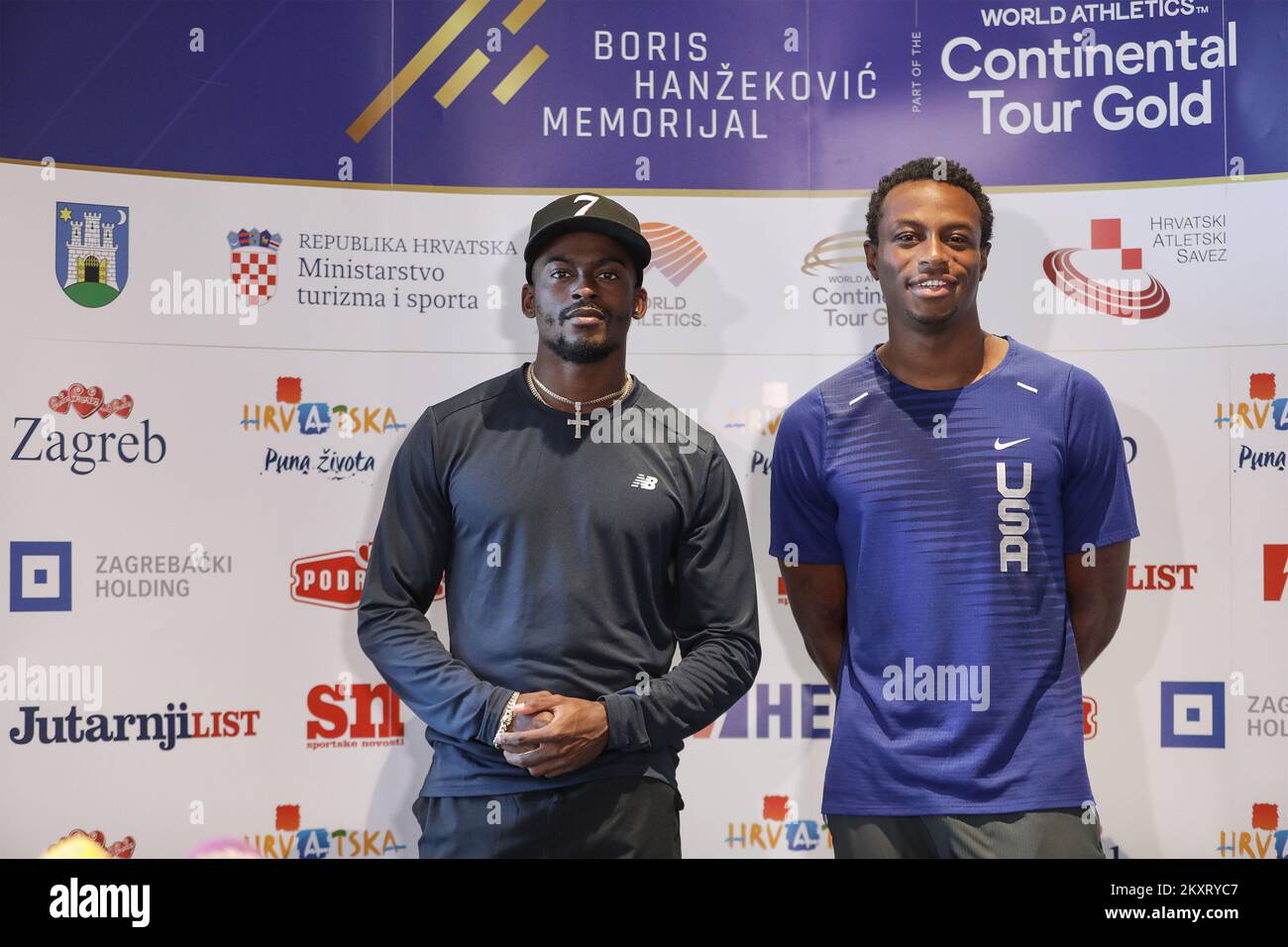 Trayvon Bromell degli Stati Uniti e Ronnie Baker degli Stati Uniti durante la conferenza stampa in vista della riunione di Zagabria 2021 - 71st Boris Hanzekovic Memorial, a Zagabria, Croazia, il 13 settembre 2021. Foto: Robert Anic/PIXSELL Foto Stock