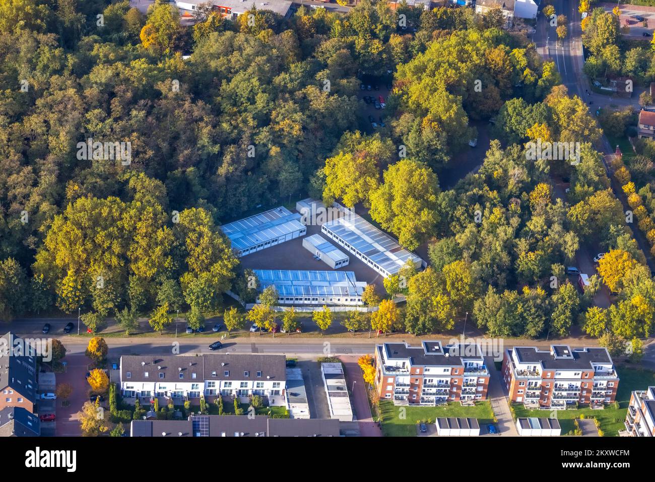 Veduta aerea, testcov - centro di test Gladbeck, zona fieristica, Butendorf, Gladbeck, zona Ruhr, Renania settentrionale-Vestfalia, Germania, crisi di Corona, morbillo di Corona Foto Stock