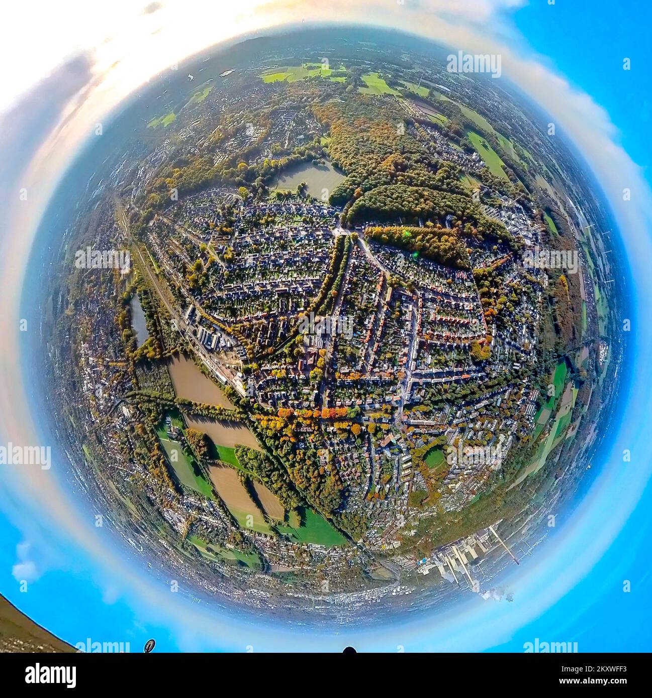 Veduta aerea, vista panoramica Zweckel, scatto fisheye, fotografia fisheye, fotografia a 360 gradi, Zweckel, Gladbeck, zona della Ruhr, Renania settentrionale-Vestfalia, Ger Foto Stock