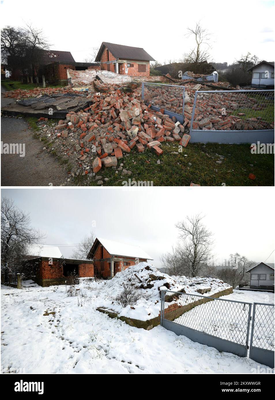 Foto combo mostra una casa danneggiata in terremoto il 30 dicembre 2020. Nel villaggio Novo Selo Glinsko, vicino Glina, Croazia (in alto, Foto: Robert Anic/PIXSELL) e la stessa casa un anno dopo il terremoto in Croazia, il 27 dicembre 2021. Foto: Marko Lukunic/PIXSELL. Il 29 dicembre 2020, un terremoto di magnitudo 6,4 colpì la Croazia centrale, con un epicentro situato a circa 3 km a ovest-sud-ovest di Petrinja. Prima di questo evento ci sono stati tre prehock, il più forte dei quali aveva una magnitudine di 5,2 il giorno prima. Le zone colpite erano principalmente nella contea di Sisak-Moslavina e in altre zone Foto Stock