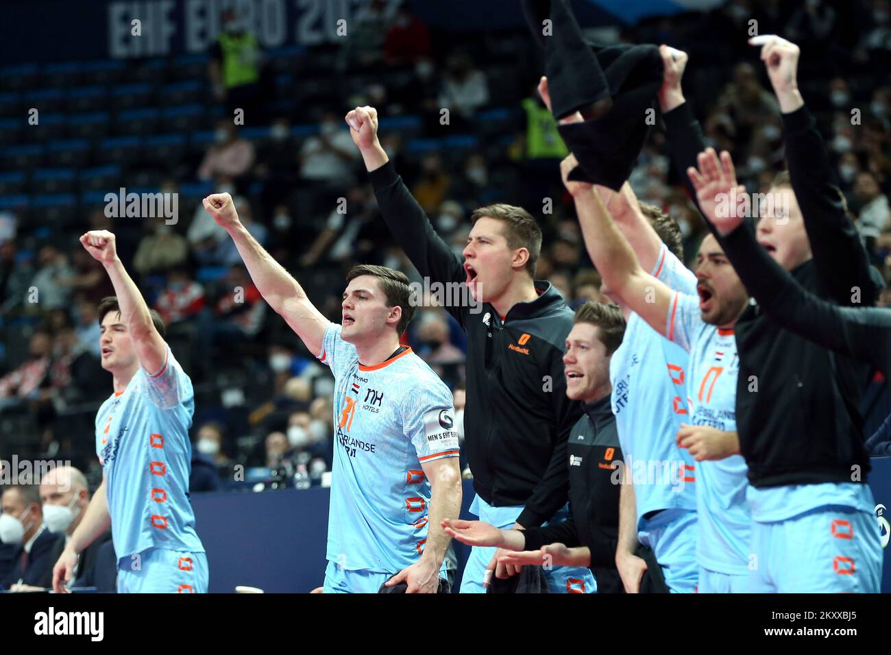 BUDAPEST, UNGHERIA - GENNAIO 20: Durante il Main Round Group 1 Men's EHF EURO 2022 tra Francia e Paesi Bassi al MVM Dome Multifunctional Arena il 20 Gennaio 2022 a Budapest, Ungheria. Foto: Sanjin Strukic/PIXSELL Foto Stock