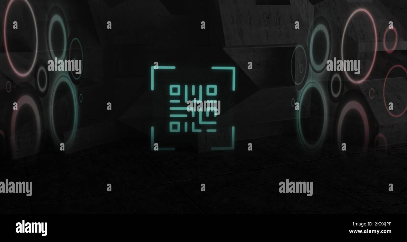Scanner per codici QR con elementi neon su sfondo nero Foto Stock