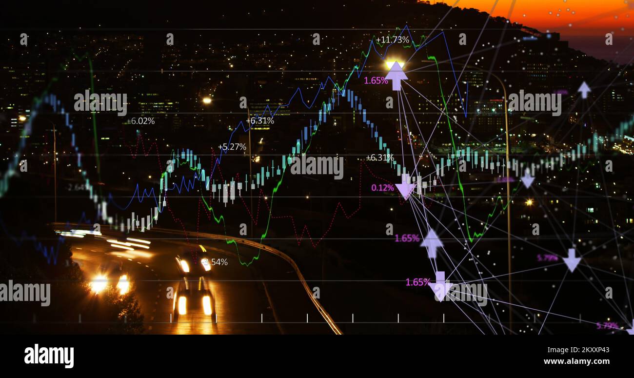 Curve finanziarie sulla città di notte. Foto Stock