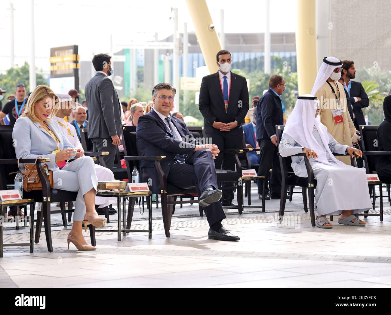 Il primo ministro croato Andrej Plenkovic ha partecipato alla celebrazione della Giornata Nazionale Croata all'Expo 2020 Dubai e si è incontrato con lo sceicco Nahyan bin Mubarak al Nahyan a Dubai, negli Emirati Arabi Uniti, il 6 marzo 2022. Phoot: Marko Zurdum /PIXSELL Foto Stock