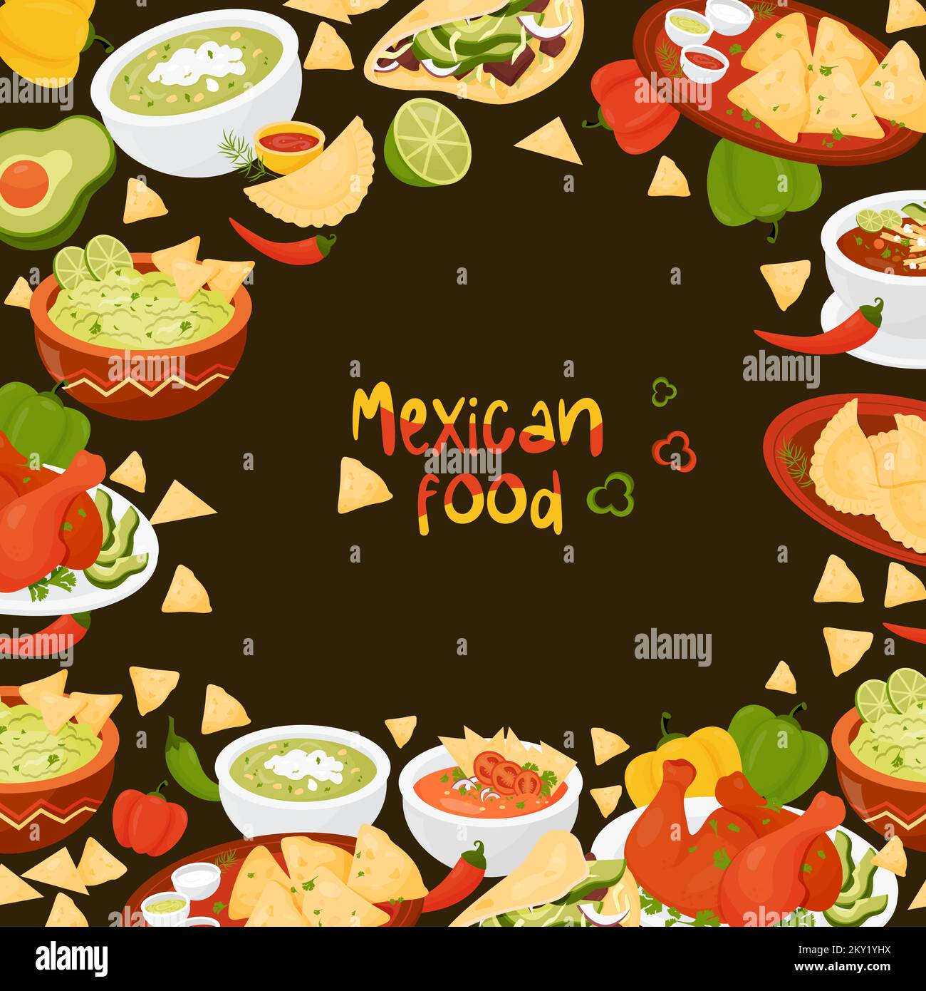 Poster tradizionale cibo messicano. Piatti latinoamericani Quesadilla, Tacos, guacamole con nachos, zuppa di pomodoro e zuppa verde, Empanadas, Achiote messicana Illustrazione Vettoriale Poster tradizionale cibo messicano. Piatti latinoamericani Quesadilla, Tacos, guacamole con nachos, zuppa di pomodoro e zuppa verde, Empanadas, Achiote messicana Illustrazione Vettoriale