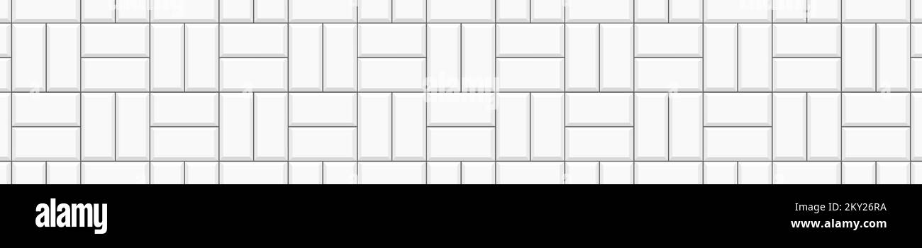 Modello di mattonella bianco a forma di basketweave. Pietra o ceramica parete della metropolitana sfondo. Superficie di backsplash della cucina. Doccia, wc o pavimento del bagno. Layout mosaico pavimento. Illustrazione piatta vettoriale Illustrazione Vettoriale