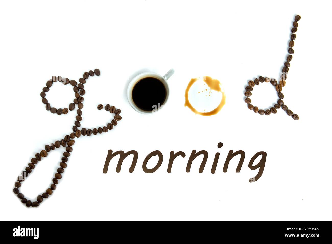 Iscrizione fatta di chicchi di caffè. Buongiorno. Foto Stock