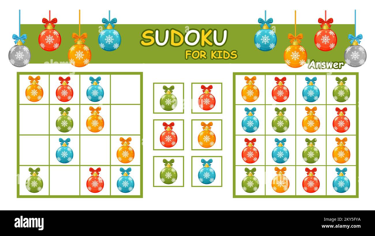 Sudoku Natale giochi per bambini con palle di Capodanno giocattoli per la decorazione degli alberi. Puzzle di educazione logica per bambini. Trovare le vacanze mancanti baubles vetro. Vettore Illustrazione Vettoriale